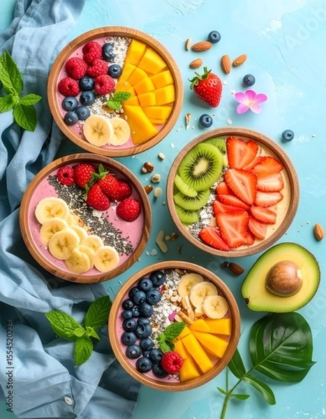 Fototapeta Three tasty bowls of fruit and yogurt beautifully arranged on plush background