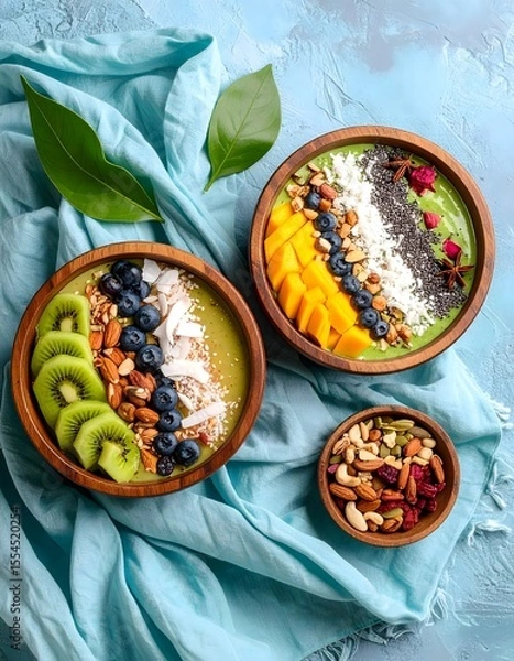 Fototapeta Two delicious smoothie bowls with fruit, nuts, and coconut on plush background display