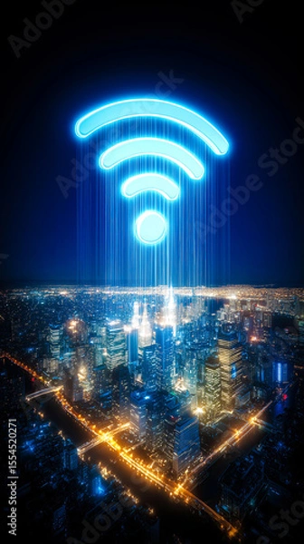 Fototapeta A glowing neon blue Wi-Fi icon hovering above a dark cityscape at night,