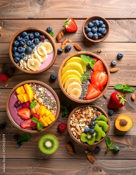 Fototapeta Fresh flat lay of colorful assortment of fruit and nuts displayed on wooden background