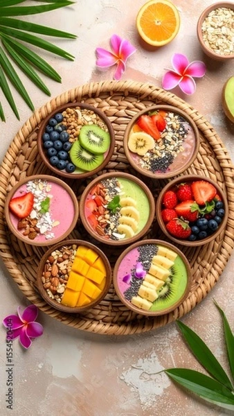 Fototapeta Fresh flat lay of colorful plate featuring fruit and nuts arranged on vibrant background