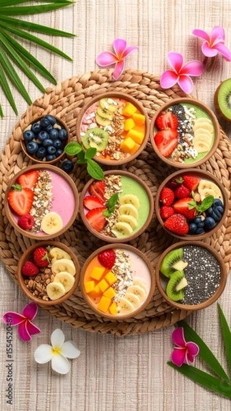 Fototapeta Fresh flat lay of colorful plate featuring fruit and yogurt displayed on woven background