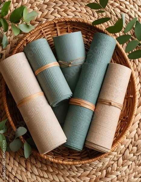 Fototapeta Fresh flat lay of basket holding three rolled up napkins on wicker background with muted hues