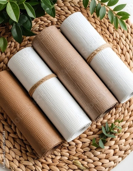 Fototapeta Fresh flat lay of three rolls of toilet paper on a wicker background with muted hues