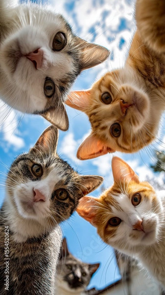 Fototapeta Five cats looking at the camera, with cute and happy expressions, standing in a circle, viewed from below against the sky,