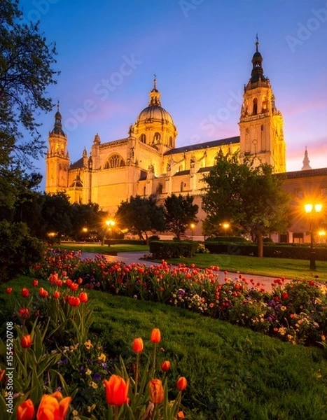 Fototapeta Majestic basilica captured at dusk with dramatic close-up view surrounded by garden