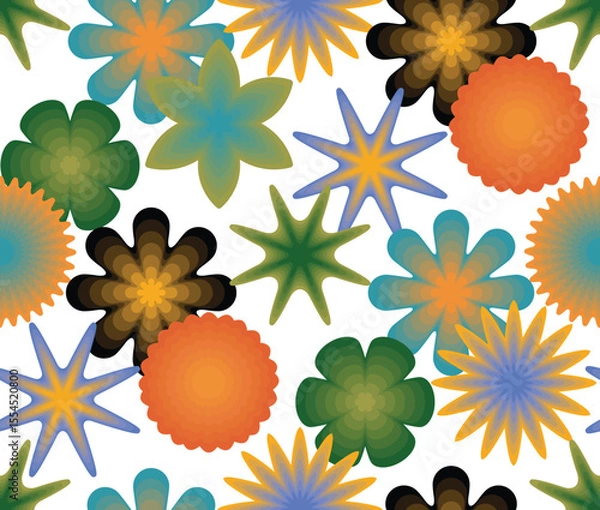 Fototapeta Vibrant overlapping flowers in various shapes and colors create a vector seamless pattern