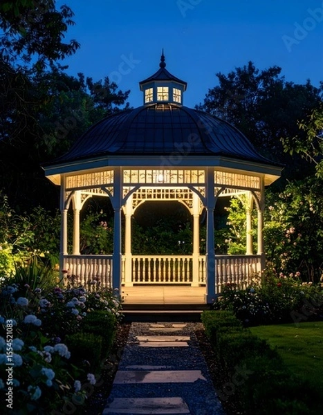 Fototapeta A charming rear view of a majestic gazebo nestled in a beautiful garden surrounded by nature