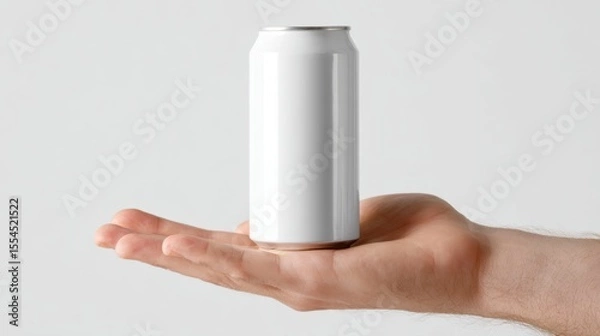 Fototapeta Hand holding white blank soda can with copy space