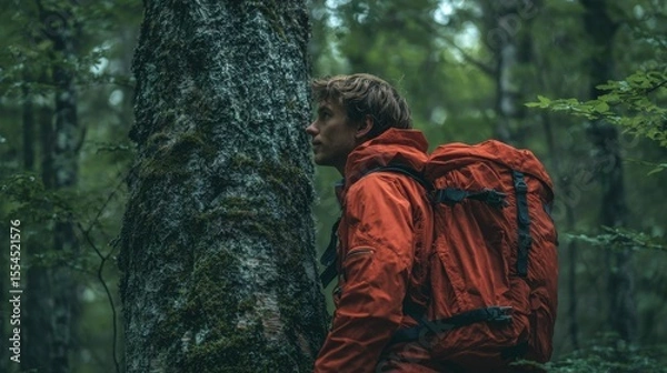Fototapeta Hiker observing mossy tree in lush forest during hike