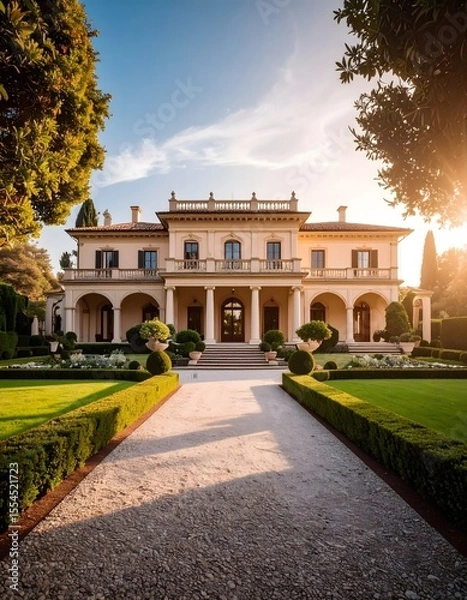 Fototapeta Elegant mansion surrounded by lush garden in dramatic evening light and architectural style
