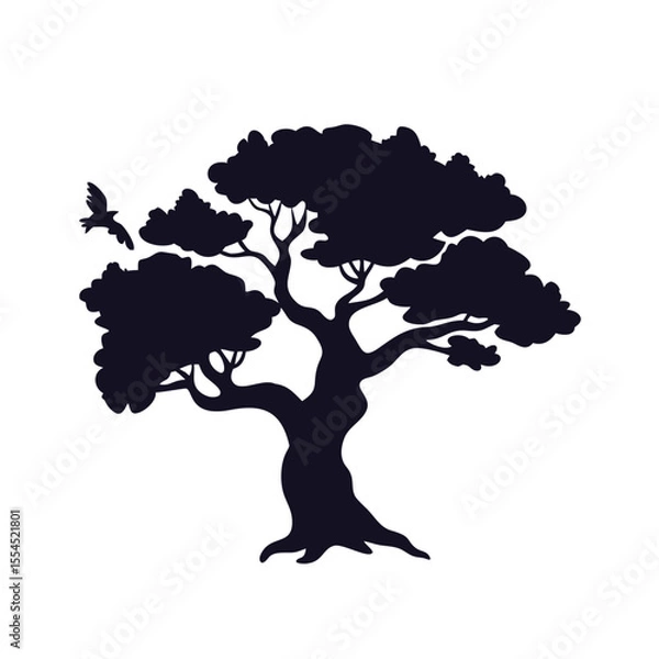 Fototapeta Old Oak or Bonsai Tree with Bird Silhouette Vector.