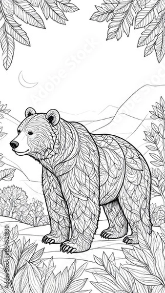 Fototapeta Intricate line art of a bear in forest setting designed with black and white organic shapes
