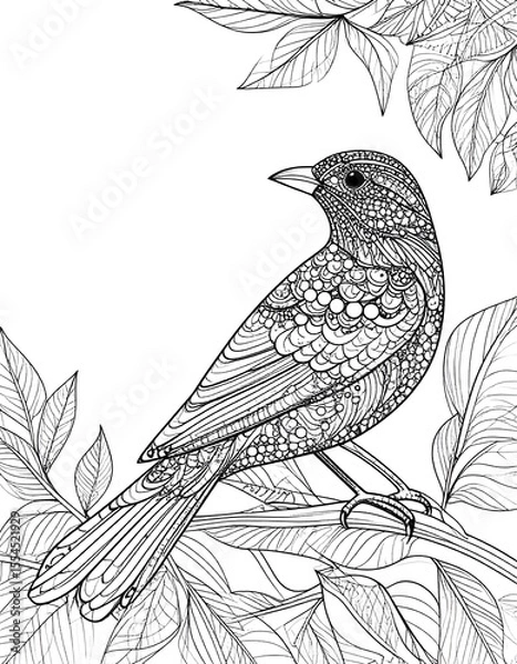 Fototapeta Surreal line art of a bird on a branch surrounded by leaves in elegant black and white style