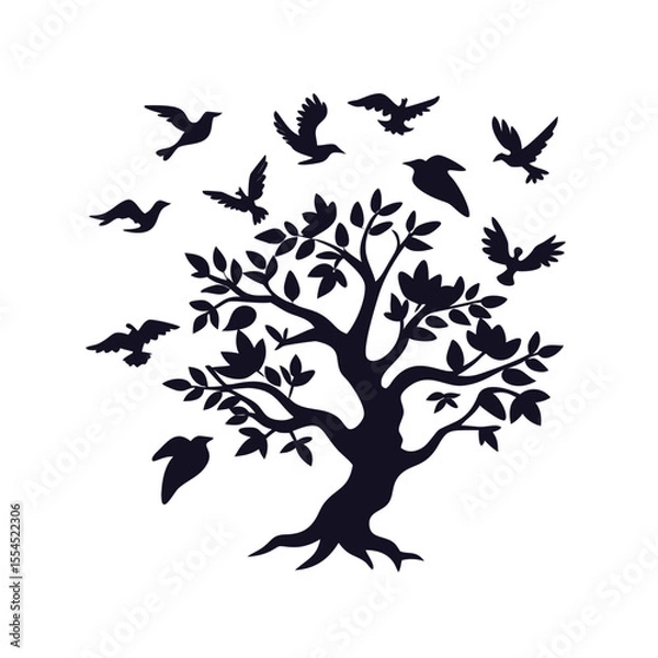 Fototapeta Tree of Life with Flock of Birds Silhouette Vector