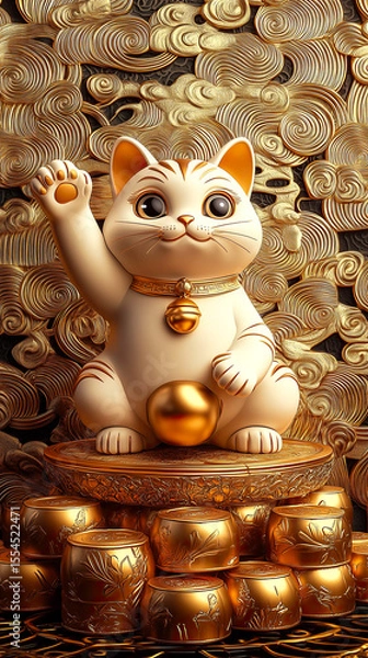 Fototapeta Fortune Cat with raised paw, sitting on a pile of gold ingots