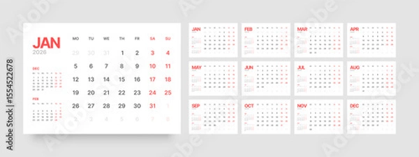 Fototapeta Monthly calendar layout for 2026 year. Diary planner for 2026 year. Week Starts on Monday. 