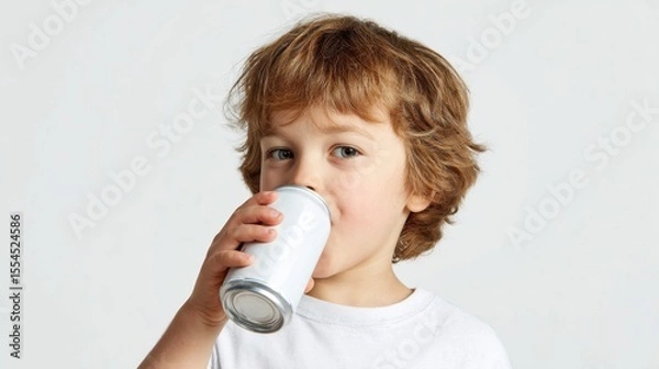 Fototapeta Cute child drinking from white aluminum can on white background