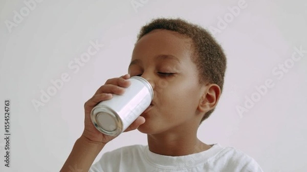 Obraz Young boy drinking from white can on white background