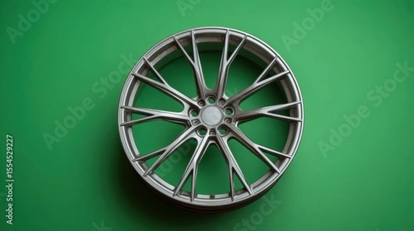 Fototapeta Bold spoke design of alloy wheel on bright green backdrop