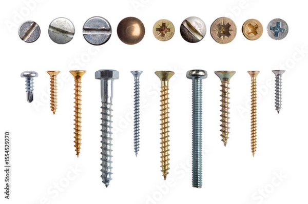 Obraz Collection of screws, bolts and screw heads, nuts, rivets, nail  isolated on white background. Set of fasteners as elements of industrial design. Top and side view.