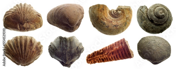 Obraz Fossilized prehistoric mollusc shells isolated on white background. Design elements on the theme of paleontology, history of planet Earth. A set of fossils of long-extinct animals.