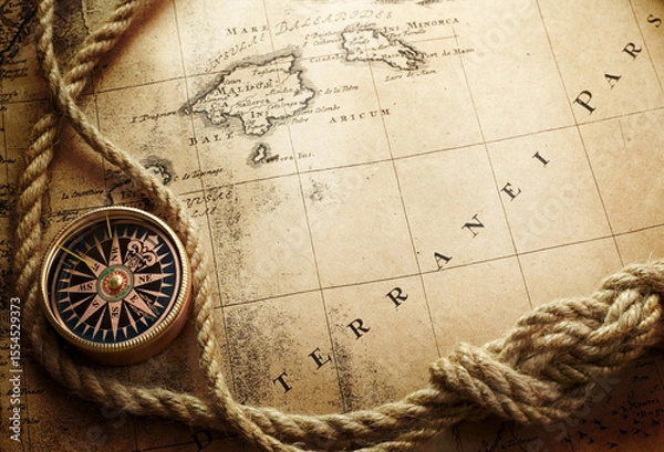 Obraz Magnetic old compass and. rope on world map. Travel, geography, history, navigation, tourism and exploration concept background. Retro compass on geography map.
