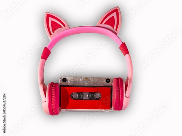 Fototapeta headphones for listening to music, wireless, pink color with funny ears and a cassette. music concept