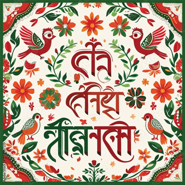 Fototapeta Colorful Illustration of Birds Flowers and Decorative Script on an Off White Background