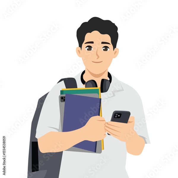 Fototapeta Young student with a backpack, headphones, and books in hand checks his phone heading to school. Flat Vector character illustration
