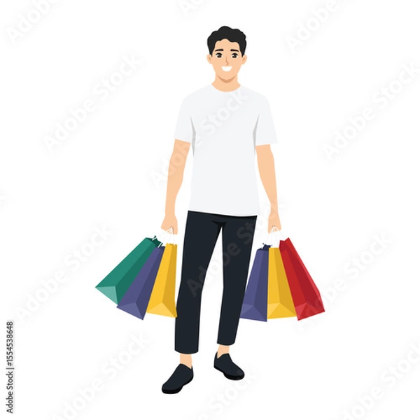 Fototapeta Man in casual clothing holds multiple colorful shopping bags. Flat Vector character illustration