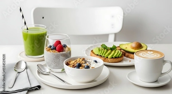 Fototapeta A healthy breakfast spread featuring various dishes and a refreshing green juice.