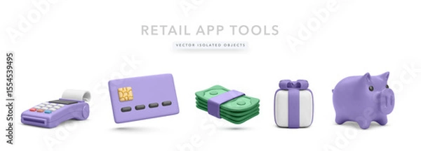 Fototapeta POS Terminal, Credit Card, Money Stack, Gift Box, and Piggy Bank in Smooth 3D Style. Perfect for Finance Apps, Online Payments, and Retail Services. Vector Illustration.
