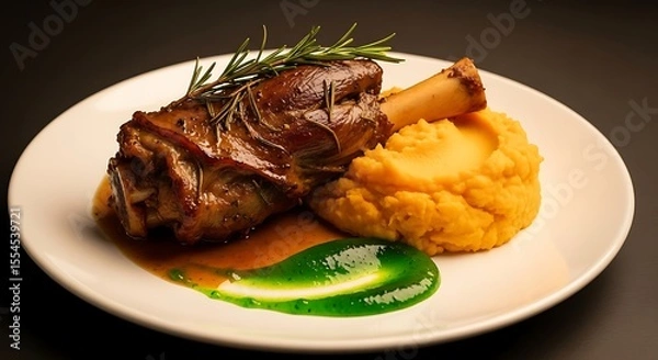 Fototapeta A plated lamb shank dish with rosemary garnish, mashed sweet potatoes, and a green sauce.