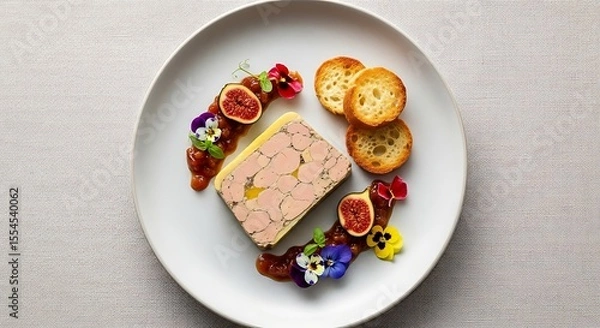 Fototapeta Elegant presentation of a terrine, garnished with figs, flowers, and toasts.