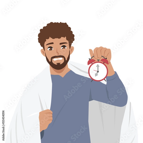 Fototapeta Man in a blue shirt and wrapped in a blanket looks alarmed while holding a ringing clock. Flat Vector character illustration
