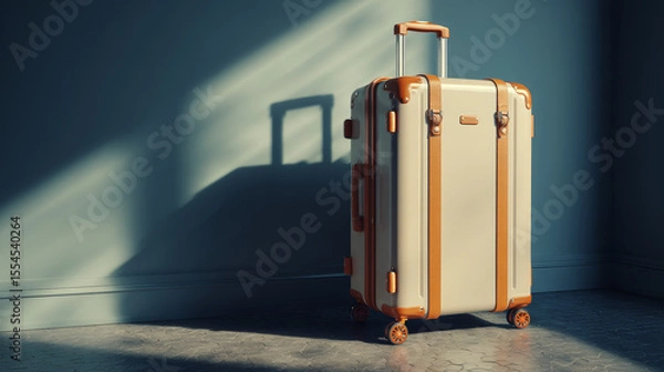 Fototapeta A stylish beige suitcase ready for travel, casting a shadow on a wall.