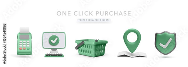 Fototapeta POS Terminal, Computer With Checkmark, Shopping Basket, Location Pin, and Shield Representing Online Purchase, Secure Payment, and Delivery Tracking. Vector Illustration.
