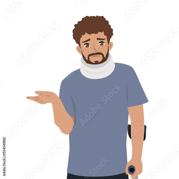 Fototapeta Man with neck brace and crutch looks confused or uncertain, suggesting recovering from an injury. Flat Vector character illustration