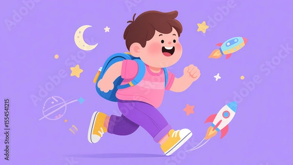 Fototapeta Child Running with Backpack Amidst Space Elements