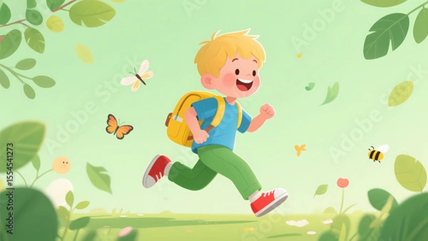 Fototapeta A cheerful child with a backpack runs through a vibrant, butterfly-filled garden.