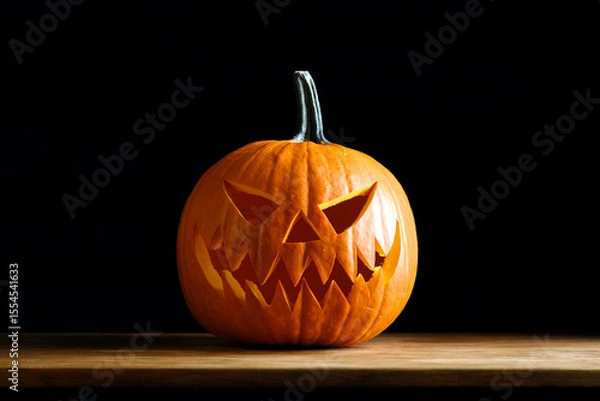 Obraz Carved jack-o-lantern halloween pumpkin on wooden table on black background