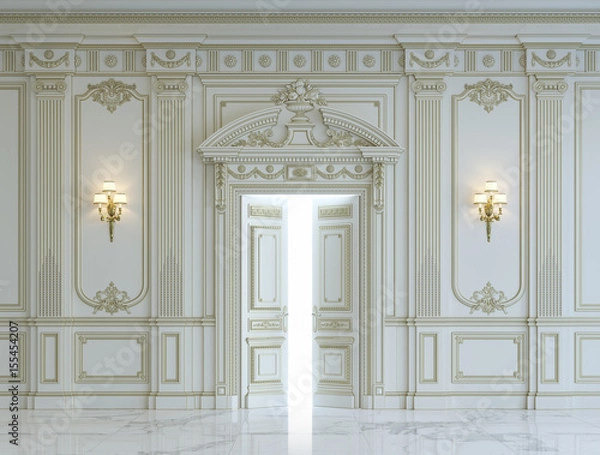 Obraz White wall panels in classical style with gilding. 3d rendering