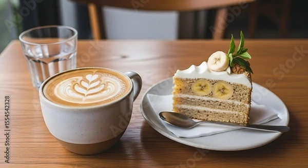 Fototapeta A latte and a slice of banana cake sit on a wooden table in a cafe.