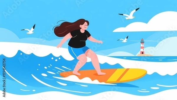 Fototapeta A person surfing on a yellow board in the ocean with a lighthouse in the background under a clear sky.