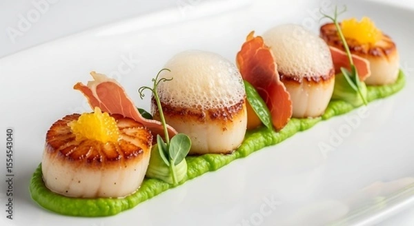 Fototapeta Gourmet seared scallops arranged on a bed of green puree, garnished with prosciutto.