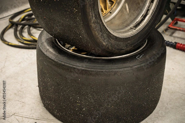 Fototapeta Closeup of two used slick tires on multi-spoke, two-piece, single-nut wheels for Group C prototype race cars, showing embedded debris.