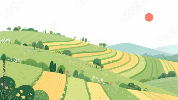 Fototapeta Rolling Hills with Terraced Fields Under a Clear Sky