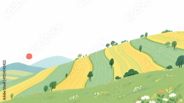 Fototapeta Rolling Hills with Pathway and Scattered Trees Under a Bright Sky