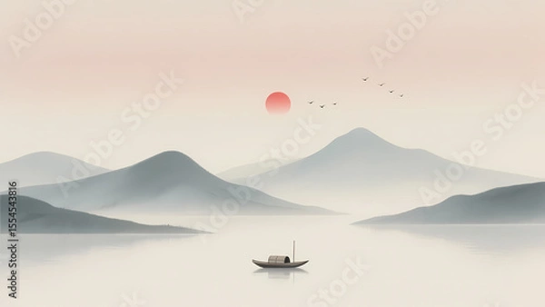 Fototapeta Solitary Boat on Calm Waters with Distant Mountains and Setting Sun